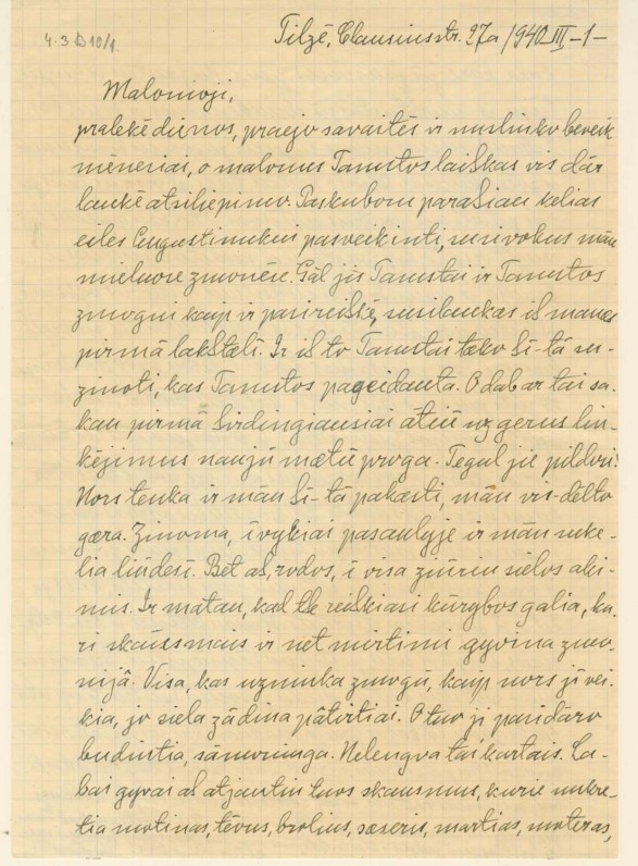 Vydūno laiškas dail. M. Lapinskaitei. 1940 m.