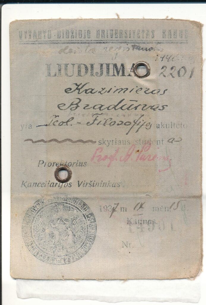 Vytauto Didžiojo universiteto studento liudijimas, išduotas K. Bradūnui 1937 09 15 Kaune