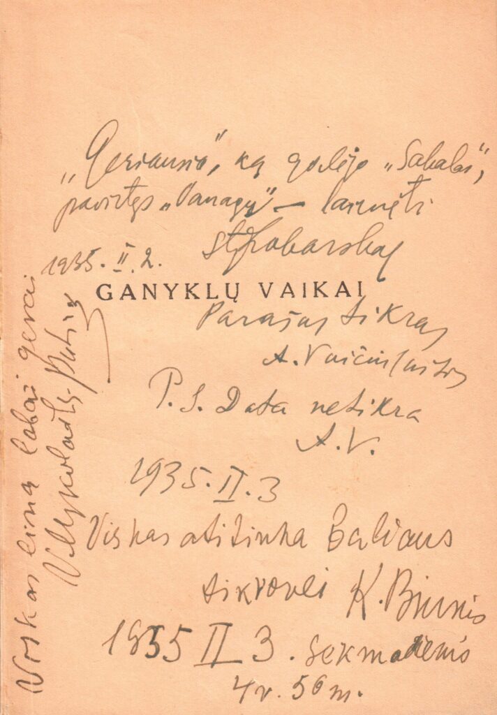 S. Zobarsko, A. Vaičiulaičio, V. Mykolaičio-Putino, K. Binkio autografai
