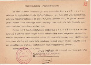 Tarptautinės karo pabėgėlių orgznizacijos (IRO) policinė elgesio pažyma, išduota B. Brazdžioniui. Ravensburgas, 12.3.1949.