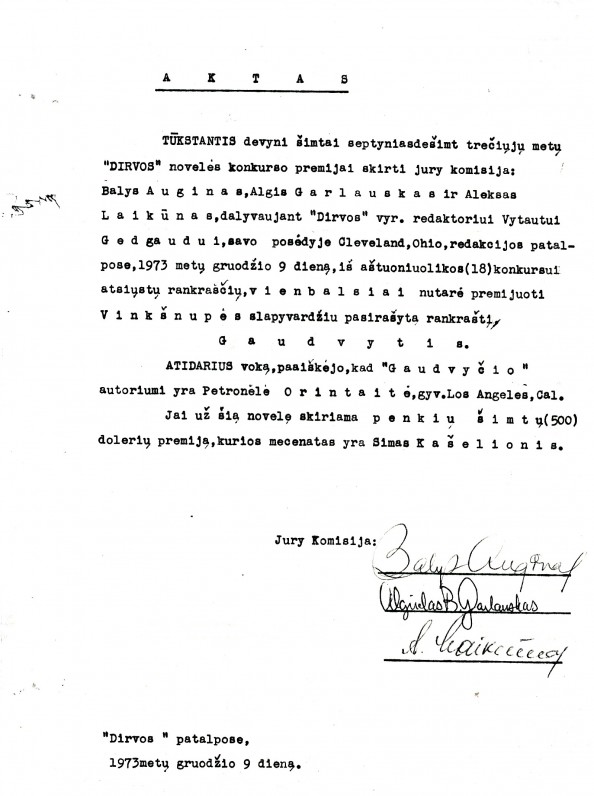 „Dirvos“ novelės konkurso premijos skyrimo akto kopija