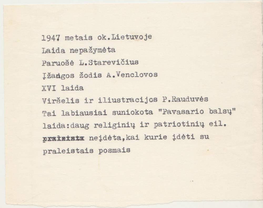 „Pavasario balsai“. Kaunas, 1947 m. Brazdžionio komentaras