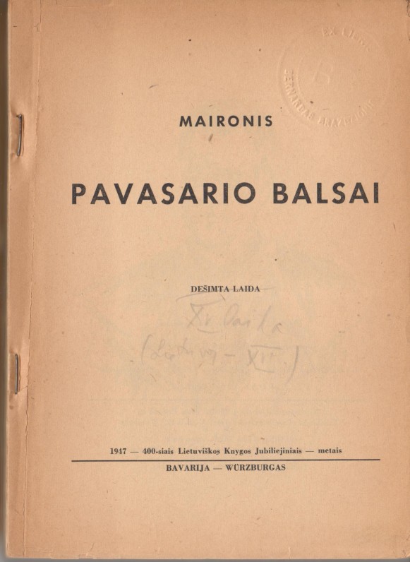 „Pavasario balsai“. Viurcburgas, 1947 m. Antraštinis lapas su B. Brazdžionio komentaru