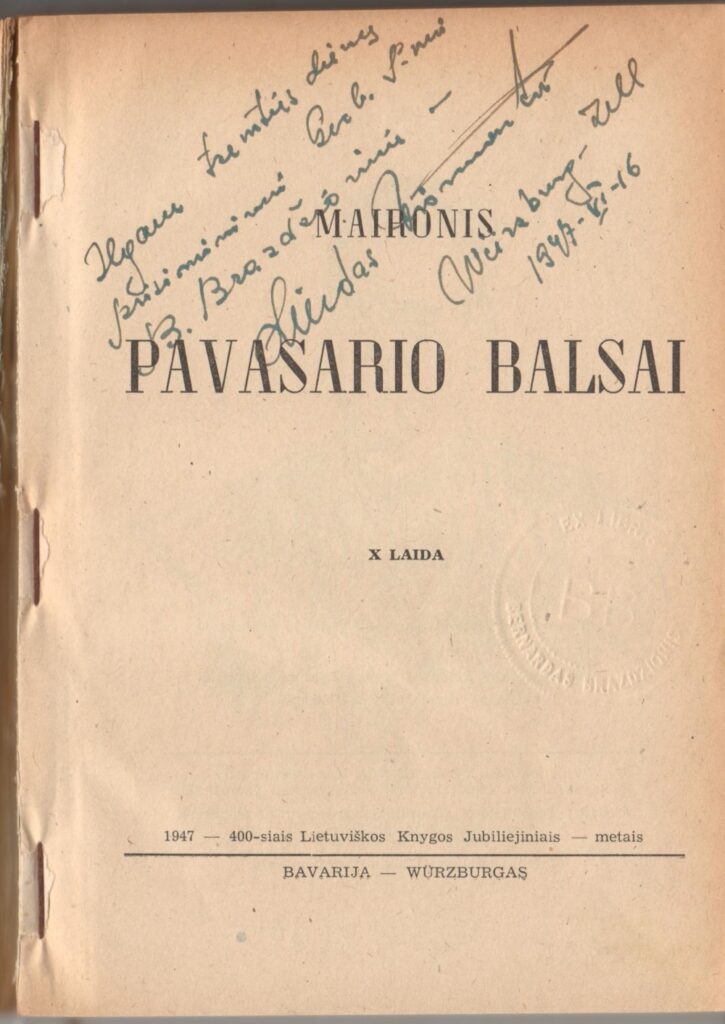 „Pavasario balsai“. Viurcburgas, 1947 m. L. Vismanto dedikacija